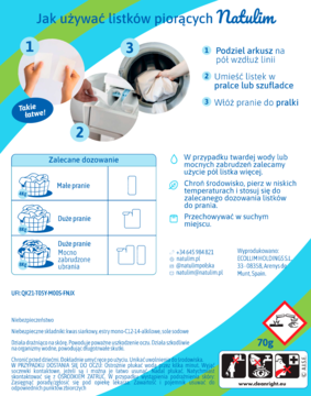 Plakat z instrukcją użycia listków piorących Natulim: dzielenie arkusza, dozowanie, pranie. Zielono-białe tło.