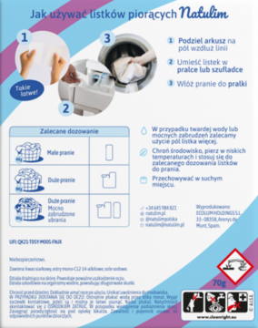 Tył opakowania lawendowych listków piorących Natulim 70g, z instrukcją użycia, dozowania i symbolami ostrzegawczymi.