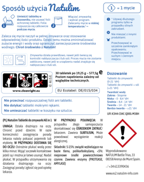 Biała ulotka Natulim z instrukcją ekologicznych tabletek do zmywarki All in One, z niebieskim logo i ikonami.
