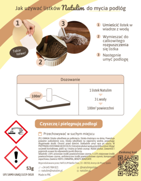 Instrukcja użycia listków Natulim do mycia podłóg: ilustracje kroków, dozowanie, piktogramy zagrożeń.