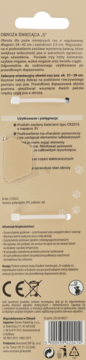 Brązowe opakowanie świecącej obroży LED dla małych psów, tył z opisem cech, instrukcją użycia i symbolami.