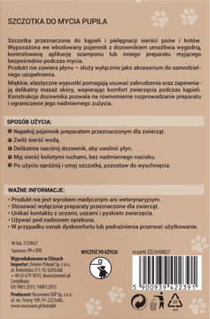 Tył beżowego opakowania ELOY szczotki do mycia pupila z instrukcją użycia, ostrzeżeniami i kodem kreskowym.