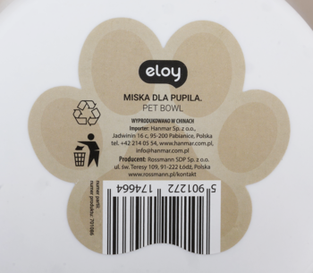 Tył białej metalowej miski Eloy z brązową etykietą w kształcie łapy, logo, recykling i kod kreskowy.