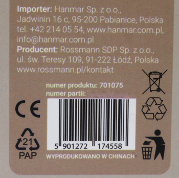 Tył kartonowego opakowania Eloy Szczotki Parowej USB 12.7cm, z kodem EAN, danymi importera, recyklingiem PAP.