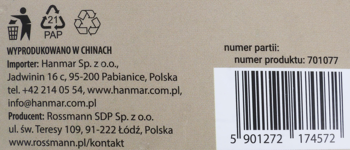 Tył opakowania smyczy automatycznej Eloy 5 m, beżowy karton z recyklingiem, danymi importera i kodem EAN.