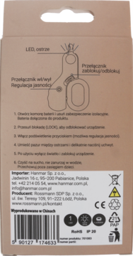Tył opakowania nożyczek LED Eloy do pazurów z instrukcją, danymi producenta i symbolami recyklingu.