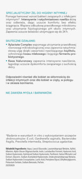 Biała ulotka z opisem żelu intymnego AA Intymna Advanced Med+, widoczne cechy, składniki i działanie.