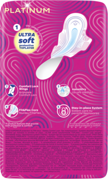 Tył opakowania podpasek Always Platinum Ultra Soft. Różowe tło z białym tekstem i grafikami cech produktu.