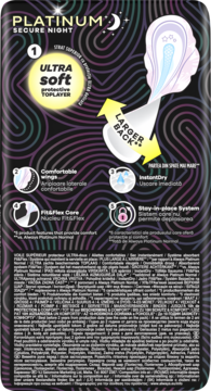 Tył opakowania podpasek Platinum Secure Night: ULTRA soft toplayer, większy tył dla ochrony. Ciemne, iryzujące tło.