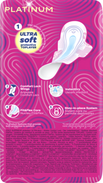 Tył różowego opakowania podpasek Always Platinum Ultra Soft z Comfort Lock Wings i InstantDry.