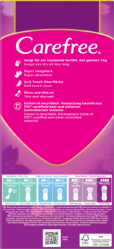 Tył różowego opakowania wkładek Carefree z ikonami cech produktu i tabelą rozmiarów oraz logo FSC.