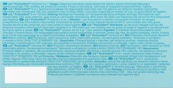 Zbliżenie na niewyraźny tekst informacyjny o.b. ProComfort, opisujący produkt w wielu językach.