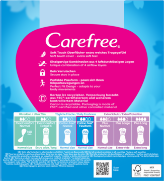 Tył opakowania wkładek Carefree Cotton FlexiForm, różowy opis miękkich, przewiewnych wkładek, grafiki rozmiarów, tło w kwiaty.