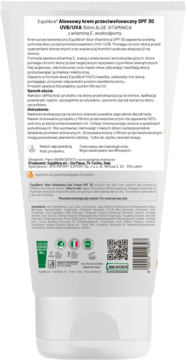 Biała tubka kremu do opalania Equilibra Aloe Vitaminic SPF 30, tył z listą składników, logami i kodem kreskowym.