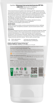 Tył białej tuby kremu przeciwsłonecznego Equilibra Aloe Vitaminica SPF 50+, widoczne składniki, certyfikaty i kod.