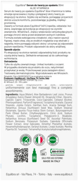 Tył opakowania Equilibra Serum do twarzy po opalaniu z Aloe, widok na składniki, QR kod i certyfikaty Made in Italy.