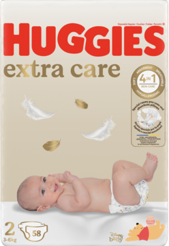 Biało-beżowe opakowanie pieluch Huggies Extra Care 2 (3-6kg) z dzieckiem i logo Disney, widok z przodu.