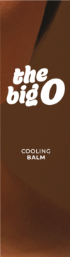 Pionowa etykieta The Big O Cooling Balm na brązowym tle, białe logo i napis, widok z przodu.