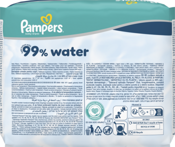 Tył opakowania chusteczek nawilżanych Pampers Baby-dry z 99% wody, widoczne instrukcje i logo.