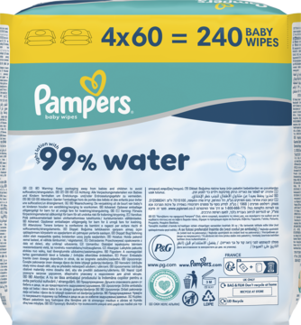 Tył opakowania chusteczek Pampers Baby Wipes, 99% wody, widoczne informacje o produkcie i składnikach.