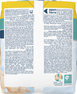 Tył opakowania nawilżanych chusteczek, z etykietami w wielu językach, w tym "open here". Widoczne składniki i ikony.