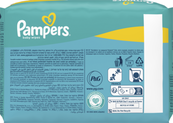 Tył opakowania nawilżanych chusteczek Pampers Baby Wipes. Turkusowe tło, logo, instrukcje i symbole utylizacji.