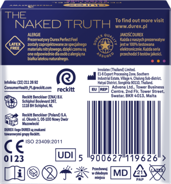 Tył granatowego opakowania Durex Latex Free, prezerwatyw, z białymi napisami, logo Reckitt i kodem kreskowym.