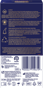 Tył ciemnoniebieskiego pudełka prezerwatyw Durex Perfect Feel z polskimi instrukcjami, kodem kreskowym i ikonami.