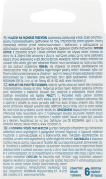 Tył opakowania plastrów na pęcherze Fusswohl Rossmann, białe pudełko z opisem produktu w wielu językach.