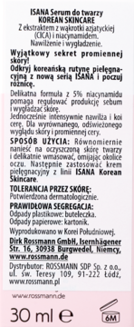 Tył etykiety ISANA Serum do twarzy KOREAN SKINCARE 30 ml z polskim składem (CICA, 5% niacynamid), instrukcją i danymi producenta.