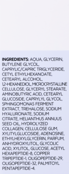 Pełna lista składników kosmetyku z peptydami i kolagenem, wyraźny tekst na jasnofioletowym tle.