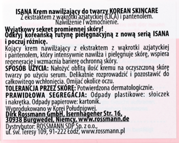 ISANA Krem nawilżający KOREAN SKINCARE, etykieta z tekstem o CICA i pantenolu, nawilża i pielęgnuje skórę.