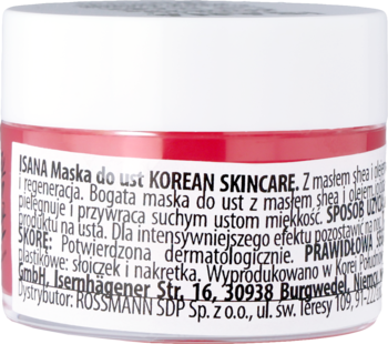 Tył czerwono-białej maski do ust ISANA KOREAN SKINCARE z masłem shea i jojoba, widoczne instrukcje.