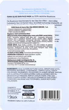 Tył biało-niebieskiego opakowania maski ISANA Glass Skin z biocelulozy, z widoczną listą składników.
