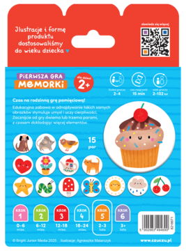 Widok tyłu pudełka gry PIERWSZA GRA MEMORKI dla dzieci 2+, niebiesko-pomarańczowe, z kolorowymi obrazkami i QR kodem.