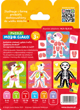 Tył opakowania puzzli edukacyjnych Moje Ciało 3+ z ilustracjami ludzkich układów: mięśni, narządów, kości.