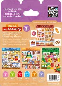 Tył opakowania puzzli Czuczu 'Na Zakupy' dla dzieci 3+, z ilustracjami sklepów, produktów spożywczych, kodem QR.