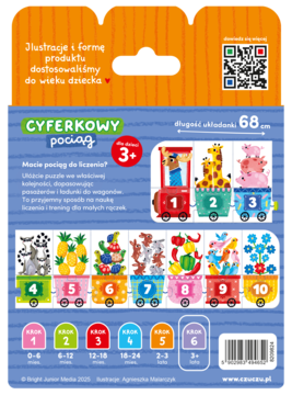 Tył opakowania puzzli Cyferkowy Pociąg. Kolorowy pociąg z numerami 1-10, zwierzętami i owocami. Wiek 3+.
