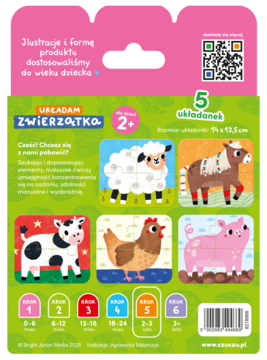 Tył opakowania puzzli "Układam Zwierzątka", 5 układanek z kolorowymi zwierzętami z farmy, dla dzieci 2+.
