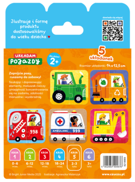 Tył pudełka z puzzlami Układam Pojazdy dla dzieci 2+, 5 układanek z kolorowymi ilustracjami pojazdów funkcyjnych.