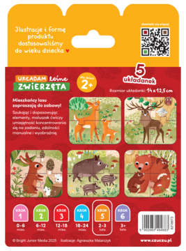 Tył pudełka puzzli "Leśne Zwierzęta" dla 2+, 5 układanek z jeleniem, dzikiem, zającem i niedźwiedziem.