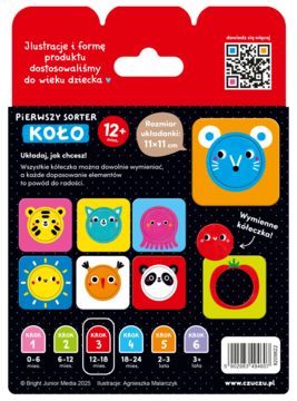 Tył opakowania sortera edukacyjnego "Pierwszy Koło" dla dzieci 12m+. 8 kolorowych kart z wyjmowanymi kółeczkami.