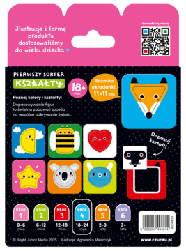 Tył opakowania Pierwszego Sortera Kształty: edukacyjne puzzle z zwierzątkami i kolorami, dla dzieci 18+ miesięcy.