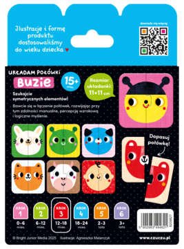 Tył pudełka puzzli dla dzieci Buzie z 15+ elementami. Ukazuje zwierzęta i dopasowywanie połówek. Rozmiar 11x11 cm, sugerowany wiek 12-18m.
