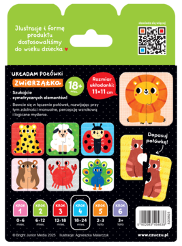 Tył opakowania edukacyjnych puzzli Układam Połówki Zwierzątka. Sześć dwuelementowych obrazków dla maluchów 18-24 miesiące.