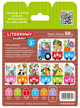 Tył opakowania puzzli literkowy traktor. Układanka edukacyjna dla dzieci 3+ z wagonikami, literami A-Z i pasującymi elementami.