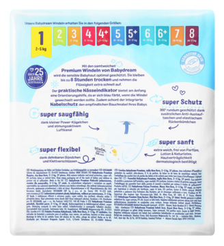 Tył opakowania pieluszek Babylove Premium Windeln, rozmiary 1-8, z ikonami wskaźnika wilgotności i wycięcia na pępek.