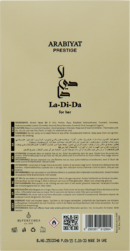 Tył złotego opakowania perfum La-Di-Da for her Arabiyat Prestige z listą składników i kodem QR.