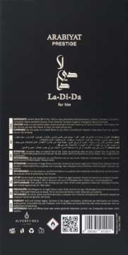 Tył czarnego opakowania perfum Arabiyat La-Di-Da for him, instrukcje, ostrzeżenia i kod QR.