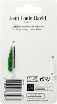Tył opakowania spinki do włosów Jean Louis David. Zielona spinka z pomarańczowym wzorem i odpinanym brelokiem.